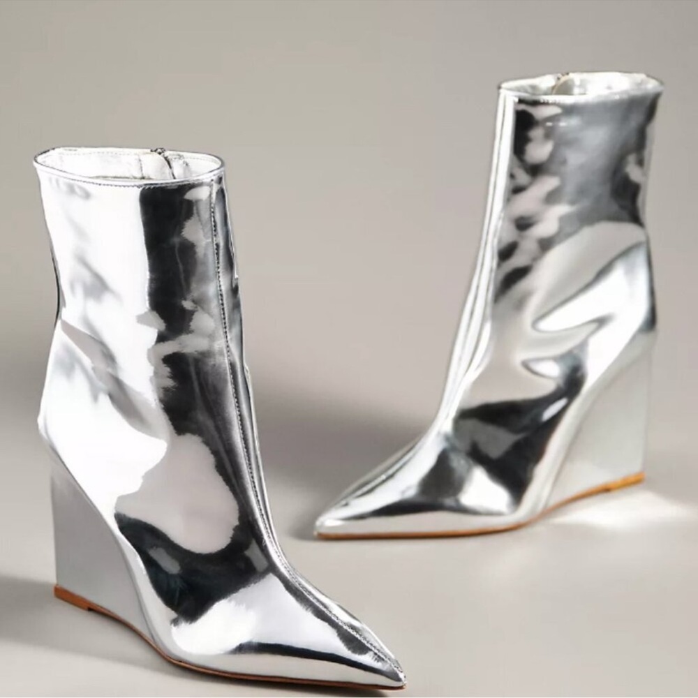 Schutz Asya Metallic Leather Wedge Booties Silver Wedge Ankle Boots